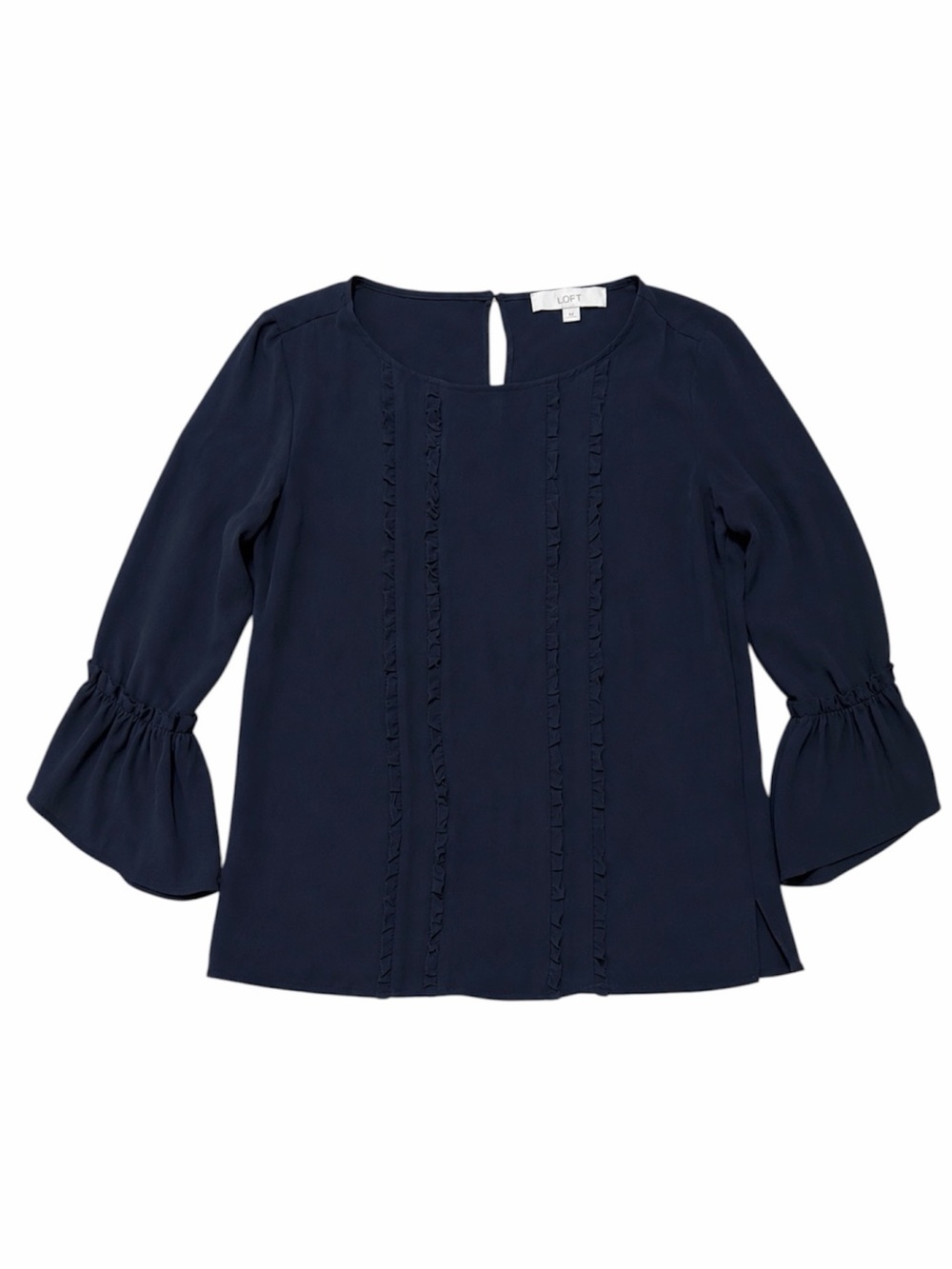 LOFT XS Black Ruffle Trim Bell Sleeve Blouse Keyhole Back